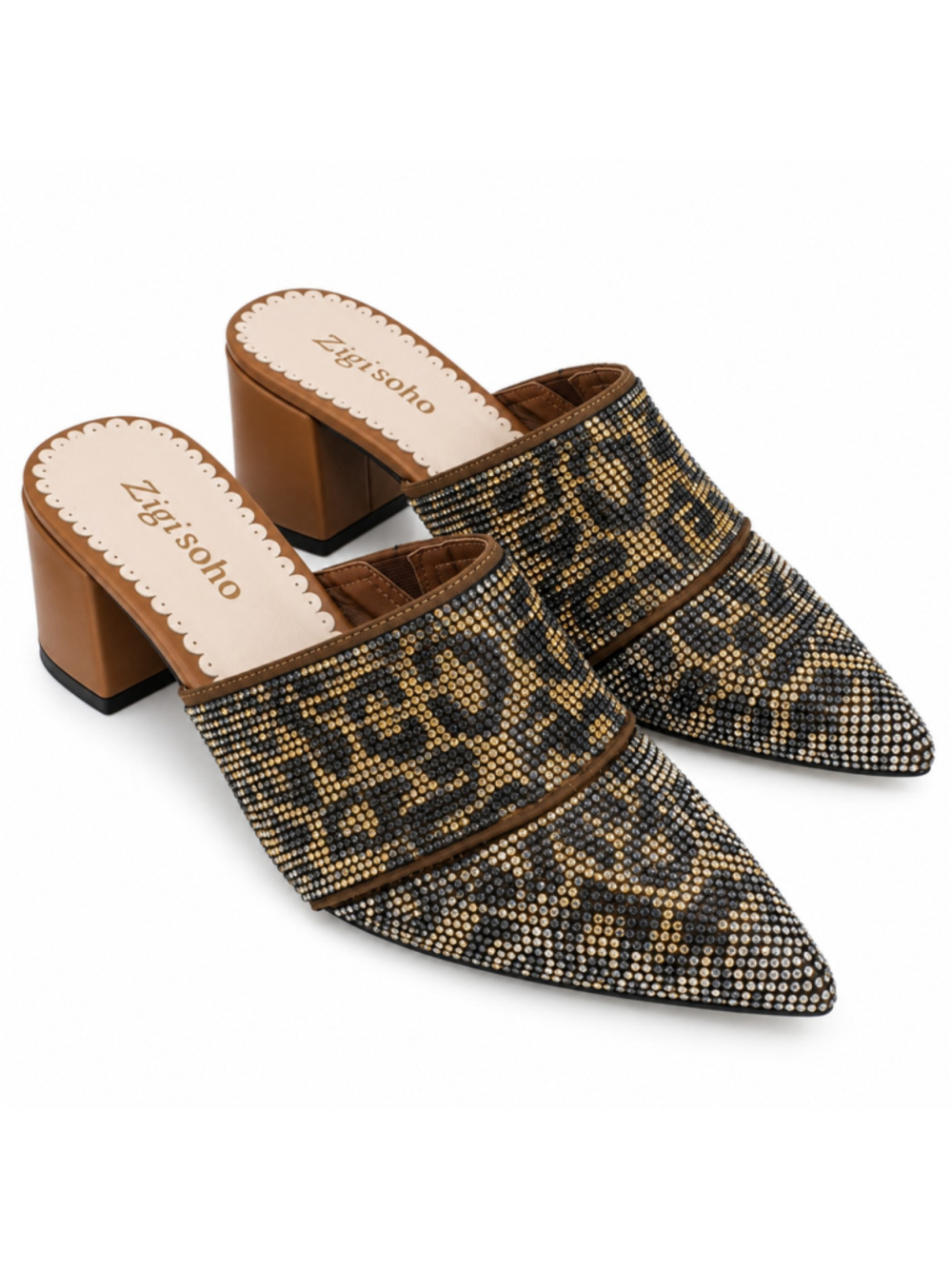Zigi Soho Devora Mules 6.5 Leopard Crystal Rhinestone Block Heel Shoes